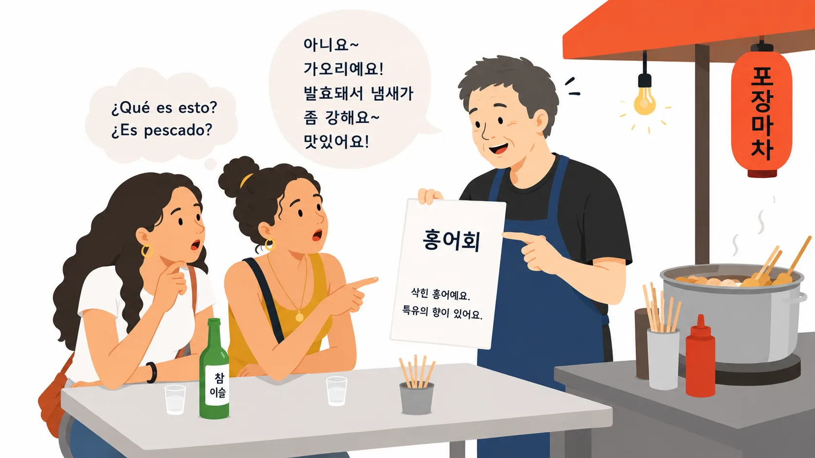 Customers at a Korean pojangmacha, surprised by fermented skate